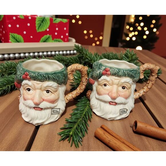 Fitz and Floyd Woodland Santa Collection Pair of Santa Mugs 1991 Vintage - Picture 1 of 8